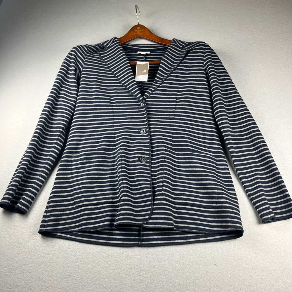 J. Jill Womens Striped Blazer Navy Blue Gray Cotton Cardigan Jacket Small NWT